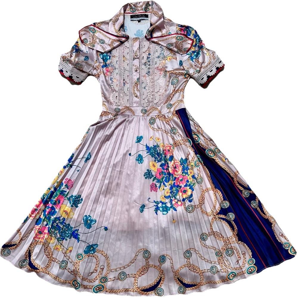 Dahlia Macphee Pink Floral  Pleated Midi Dress Lace Romantic Feminine Victorian - Picture 3 of 16